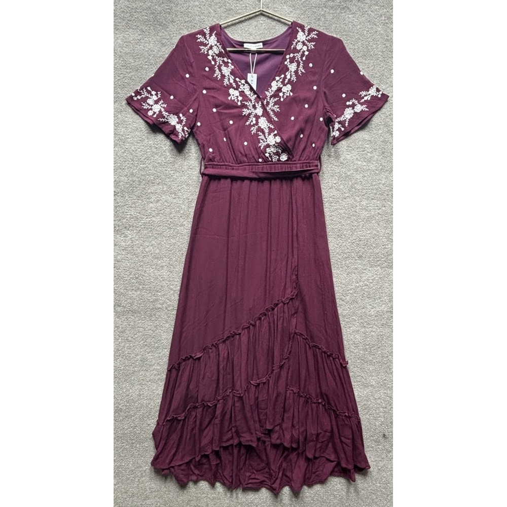 Baltic‎ Born Macey Mulberry Embroidered Midi Dress Women XS V Neck Tie NWT